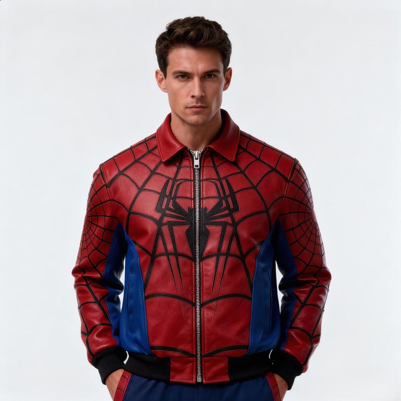May include: A red and black leather jacket with a spiderweb design and a spider emblem on the chest. The jacket has a zipper closure, blue side panels, and a black collar and cuffs.