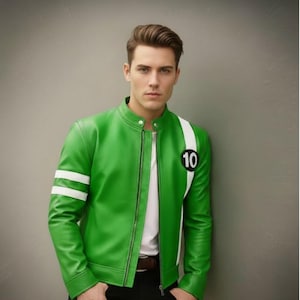 May include: A vibrant green leather jacket featuring white stripes on the sleeves and a white shoulder detail. The jacket includes a black and white patch with the number 10. Worn over a white shirt and black trousers.