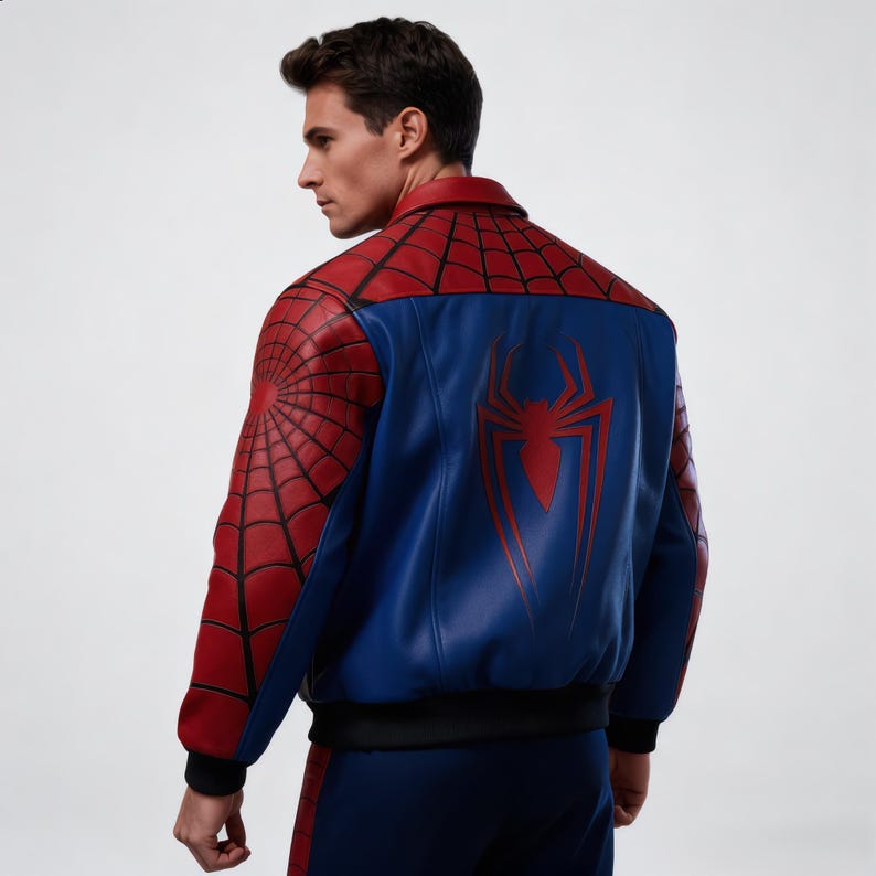May include: A blue and red leather jacket with a spider web design on the sleeves and shoulders. The back of the jacket features a large red spider emblem. The jacket has a black collar and cuffs.