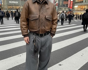 Men's A2 Vintage Distressed Brown Leather Bomber Jacket, Heavy-Duty,  Classic Aviator Style, Leather Jacket