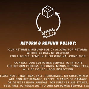 May include: Image with text detailing a return and refund policy. The policy allows for returns within 14 days of delivery for eligible items in their original condition. Contact customer service to initiate the return process.