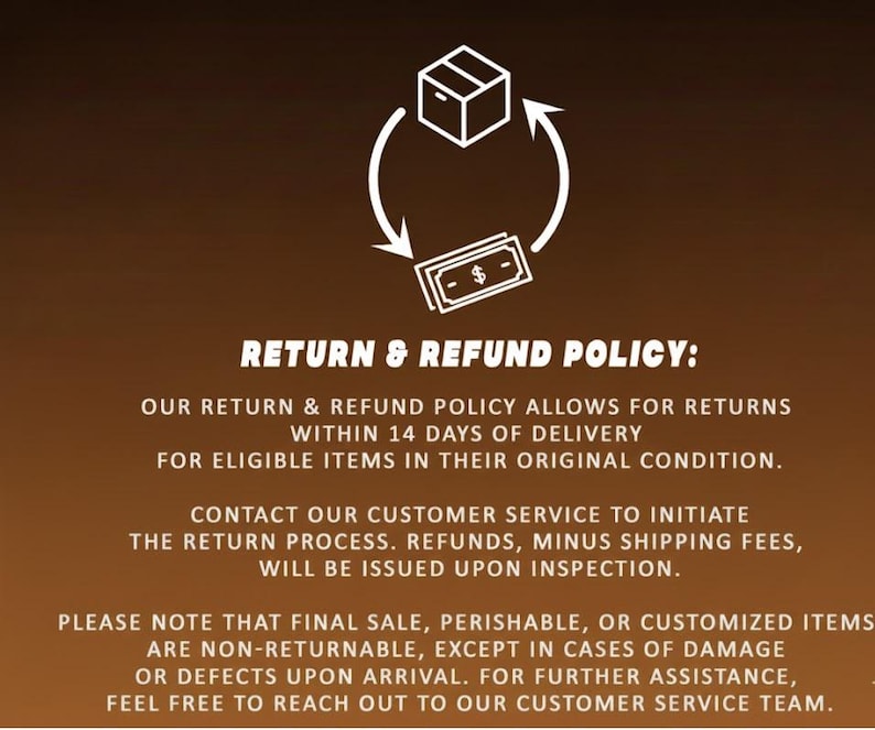 May include: Image with text detailing a return and refund policy. The policy allows for returns within 14 days of delivery for eligible items in their original condition. Contact customer service to initiate the return process.