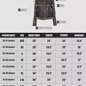 May include: A black leather jacket with a zipper closure, pockets, and a size chart. The chart provides measurements for chest, bust, length, sleeves, and shoulder in inches. The jacket bust measurements range from 35 inches to 52 inches.