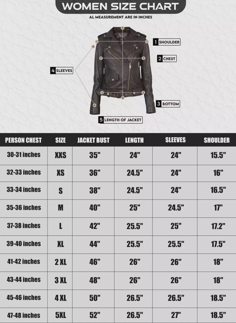 May include: A black leather jacket with a zipper closure, pockets, and a size chart. The chart provides measurements for chest, bust, length, sleeves, and shoulder in inches. The jacket bust measurements range from 35 inches to 52 inches.