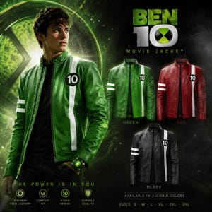 Può includere: Giacca del film Ben 10 in ecopelle verde con strisce bianche e il numero 10. Disponibile in verde, rosso e nero. Taglie dalla S alla 3XL.