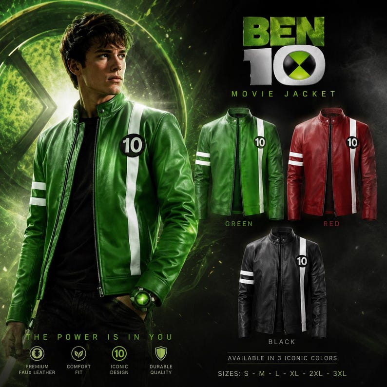 Op de afbeelding: Groene Ben 10 filmjas van imitatieleer met witte strepen en het nummer 10. Verkrijgbaar in groen, rood en zwart. Maten vari&euml;ren van S tot 3XL.