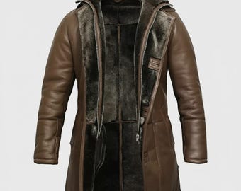 Handmade Men's RAF B3 Bomber Faux Fur Shearling Sheepskin Winter Genuine Leather Aviator Coat