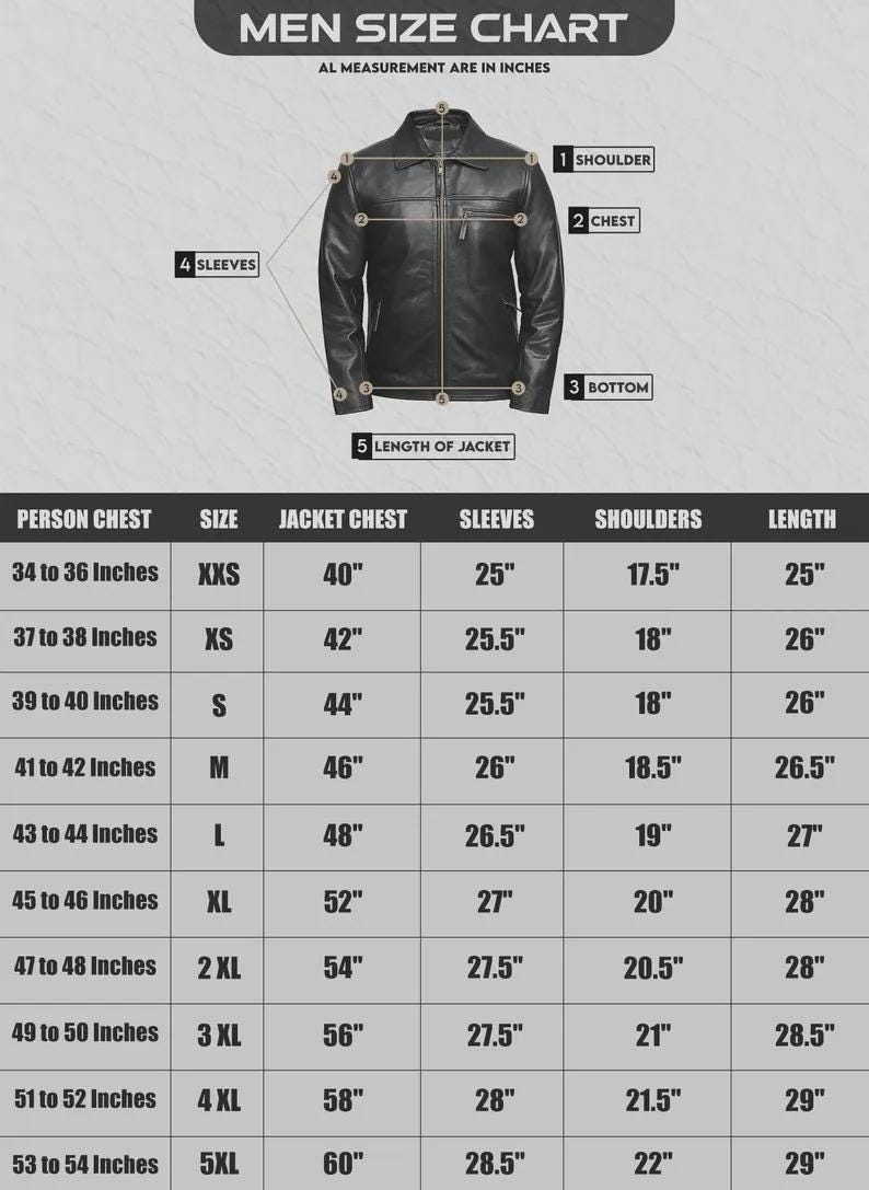 Op de afbeelding: Heren maattabel in inches, met een zwarte leren jas en meetpunten. De tabel toont borst-, mouw-, schouder- en jaskledingmaten voor maten XXS tot 5XL.