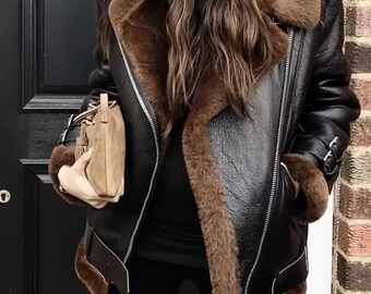 Handmade Women RAF Aviator Bomber Leather Jacket Sheepskin Leather Brown Fur Lined Motorcycle Coat