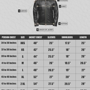 May include: Men's size chart in inches, detailing jacket measurements including chest, sleeves, shoulders, and length. The chart provides sizes from XXS to 5XL, with corresponding measurements for each size. A black leather jacket is shown.