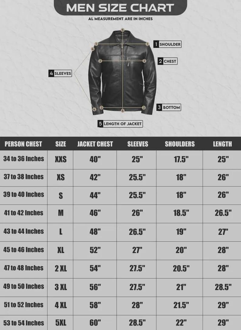 May include: Men's size chart in inches, detailing jacket measurements including chest, sleeves, shoulders, and length. The chart provides sizes from XXS to 5XL, with corresponding measurements for each size. A black leather jacket is shown.