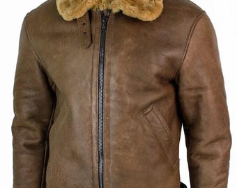 Mens Retro Vintage Classic Real Sheepskin RAF Pilot Flying Jacket: Shearling Fur Lined Leather Bomber