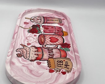 Oval Trinket Tray: Pink and white marble valentine Jewelry Dish, 12" x 5"