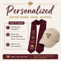 Graduation Stole and Hat Set Class of 2026 | CCNY Graduation Outfit | Burgundy Stole Gold Print | College Graduation Accessories