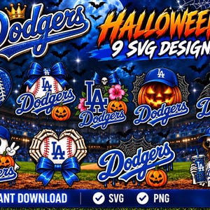May include: A digital collection of nine Dodgers Halloween-themed graphic designs featuring the LA logo, baseballs, pumpkins, ghosts, skeletons, and bats. The text includes Dodgers, Halloween, 9 SVG DESIGNS, SVG, PNG, and INSTANT DOWNLOAD.