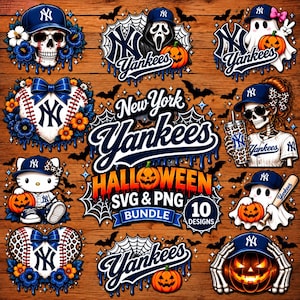 May include: A digital graphic bundle featuring ten New York Yankees themed Halloween designs. Elements include skulls, ghosts, pumpkins, spiderwebs, baseballs, and bats, all incorporating the team logo and text like New York Yankees Halloween.