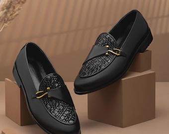 Men's Black Leather Loafers, Asymmetric Strap, Gold Buckle, Geometric Weave