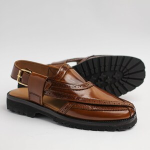 Men's Dark Tan Leather Peshawari Chappal Sandals, Traditional Handcrafted Style