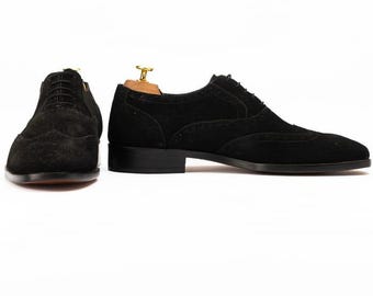 Zapatos Oxford de ante negro con diseño brogue, zapatos de vestir para hombre hechos a mano, calzado de cuero