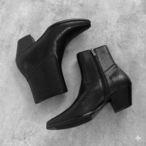 Black Embossed Python Leather Ankle Boots, Pointed Toe Side Zip Western Gothic Heel
