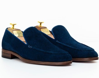 Mocasines de ante azul sin cordones, zapatos de conducción de cuero hechos a mano