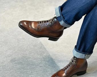 Handmade Brown Leather Vieste Lace Up Derby Boots for Men's