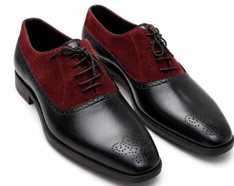 Two Tone Black and Burgundy Suede Saddle Shoes - Handmade Leather Brogue Oxfords - Men Custom Spectator Shoes - Vintage Groomsmen Shoes