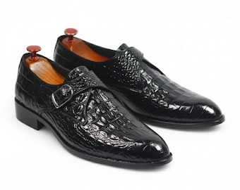 Handmade Black Alligator Crocodile Men Leather Single Monk Strap Men's Dress Shoes