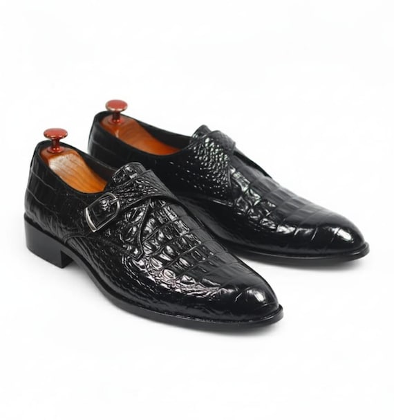 Handmade Black Alligator Crocodile Men Leather Single Monk Strap Men's Dress Shoes