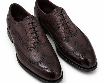 Handmade Men Dark Brown Pebble Grain Wingtip Brogues, Custom Leather Oxford Shoes, Groomsmen Wedding Shoes, Formal Dress Shoes Gift for Him