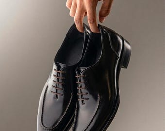 Handmade Italian Black Leather Oxford Dress Shoes, Cap Toe Formal Style