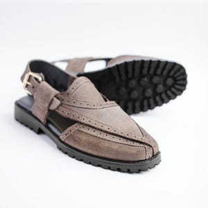 Men’s Gray Peshawari chappal sandals, Suede leather, handcrafted traditional style, slip-resistant sole, daily comfort
