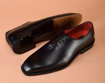 Handmade Full Grain Leather Oxford Shoes, Elegant Black Dress Shoes