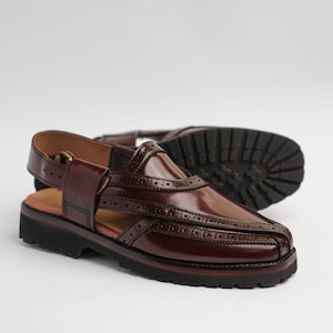 Men’s Burgundy Peshawari chappal sandals, genuine leather, handcrafted traditional style, slip-resistant sole, daily comfort