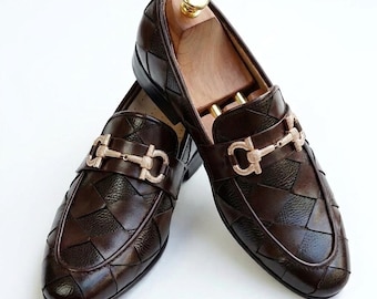 Men's Brown Woven Leather Loafers, Handmade Braided Slip-On Dress Shoes