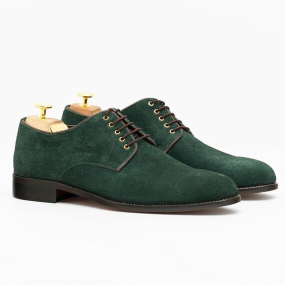 Handmade Bottle Green Suede Derby Shoes, Men's Dress Lace-Ups