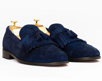 Mocasines de ante azul hechos a mano, zapatos clásicos para hombre
