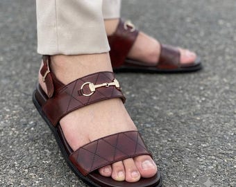 Handmade Leather Sandals Men, Quilted Horsebit Sandals, Mens Brown Greek Sandals, Ankle Strap Open Toe Shoes, Luxury Summer Gift