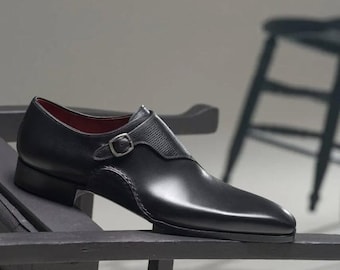 Handmade Black Leather Monk Strap Shoes, Magnanni Carver Dress Shoes