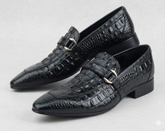 Hand made Men's Vintage black Alligator texture leather crocs