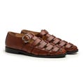 Mens Leather Fisherman Sandals, Handmade Cognac Brown Woven Shoes, Closed Toe Summer Sandals with Buckle, Vintage Style Leather Flats