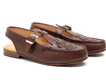 Sandali da uomo in pelle con cinturino posteriore, mocassini marroni intrecciati fatti a mano, sandali con fibbia a punta chiusa, scarpe estive da uomo in stile vintage