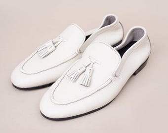 White Textured Leather Tassel Loafers, Handmade Men's Slip On Shoes, Wedding Ready