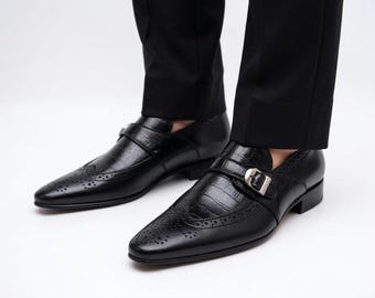 Handmade Men Black Single Monk Strap Shoes, Croc Embossed Leather Brogues, Italian Chic Wingtip Loafers, Groomsmen Gift, Wedding Shoes