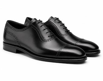 Handmade Men Black Cap Toe Oxford Shoes, Custom Semi Brogue Leather Shoes, Groom Tuxedo Wedding Shoes, Elegant Formal Gift for Him