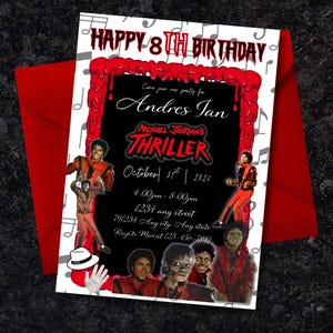 May include: A rectangular birthday invitation card featuring a red dripping border, musical notes, and images of Michael Jackson in his Thriller attire. The text reads HAPPY 8TH BIRTHDAY, Andres Ian, Michael Jackson's THRILLER, October 31st, 2026.