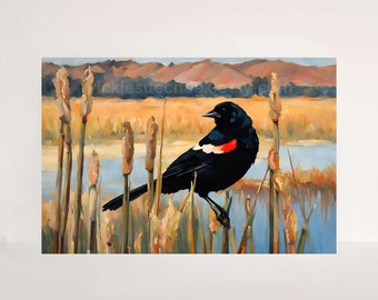 Red Winged Black Bird on Cattail STRETCHED CANVAS Print, Marsh birds, Lakeshore Cattails Painting, Impressionist Art, Wall Art Decor Gift