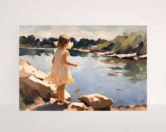 Seascape of Girl On Rocky Sunlit Lakeshore, Modern Impressionist STRETCHED CANVAS Print, Coastal Shore Painting, Painterly Brushstroke Art