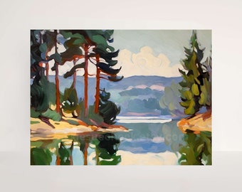 Evergreen Trees Lakeshore STRETCHED CANVAS Print, Coastal Shore Painting, Modern Impressionist Art Shoreline Cottage Lake House Mountains