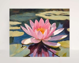 Pink Waterlily On a Pond, STRETCHED CANVAS Print, Lakeshore Painting, Coastal Shore, Modern Impressionist, Shoreline Cottage Lake House Art